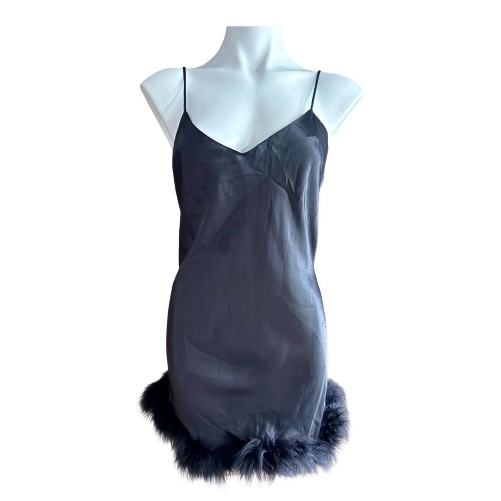 Vintage Val Mode 1980s Black Satin Marabou Feather Gown and Robe Set Medium - Picture 5 of 15